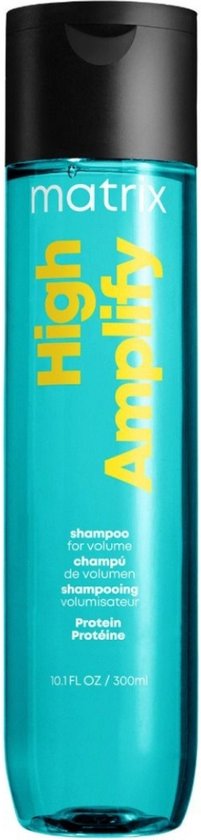 Bouteille de shampooing Matrix High Amplify, 300 ml. Bouteille turquoise avec bouchon noir. Texte : "matrix", "High Amplify", "shampoo for volume", "Protein Protéine".