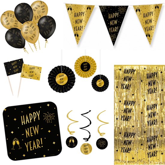 Feestpakket Happy New Year goud zwart Nieuwjaar versiering Oud en