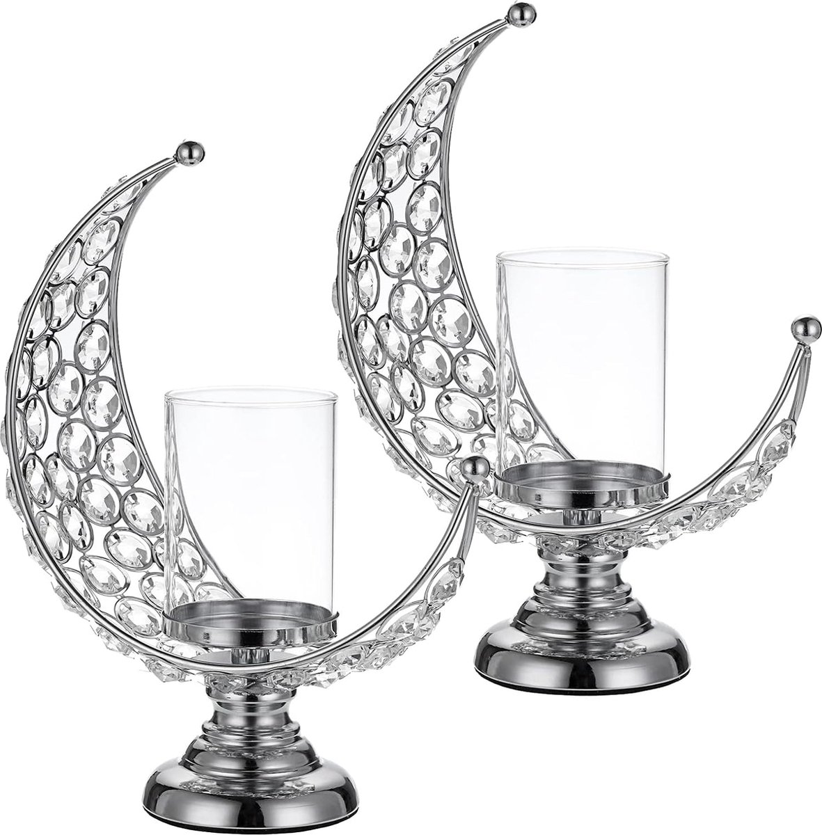 2 stuks maanvormige kristallen theelicht van glas, metaal, kandelaar, kandelaar, kandelaar voor thuis, kantoor, bruiloft, avondeten, tafeldecoratie voor stompkaarsen, zilver