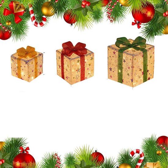 Kerst decoratie set van 3 verlichte cadeauboxen - Kerstpakket doos - Kerstversiering – Kerstboom -Kerstverlichting voor onder de boom