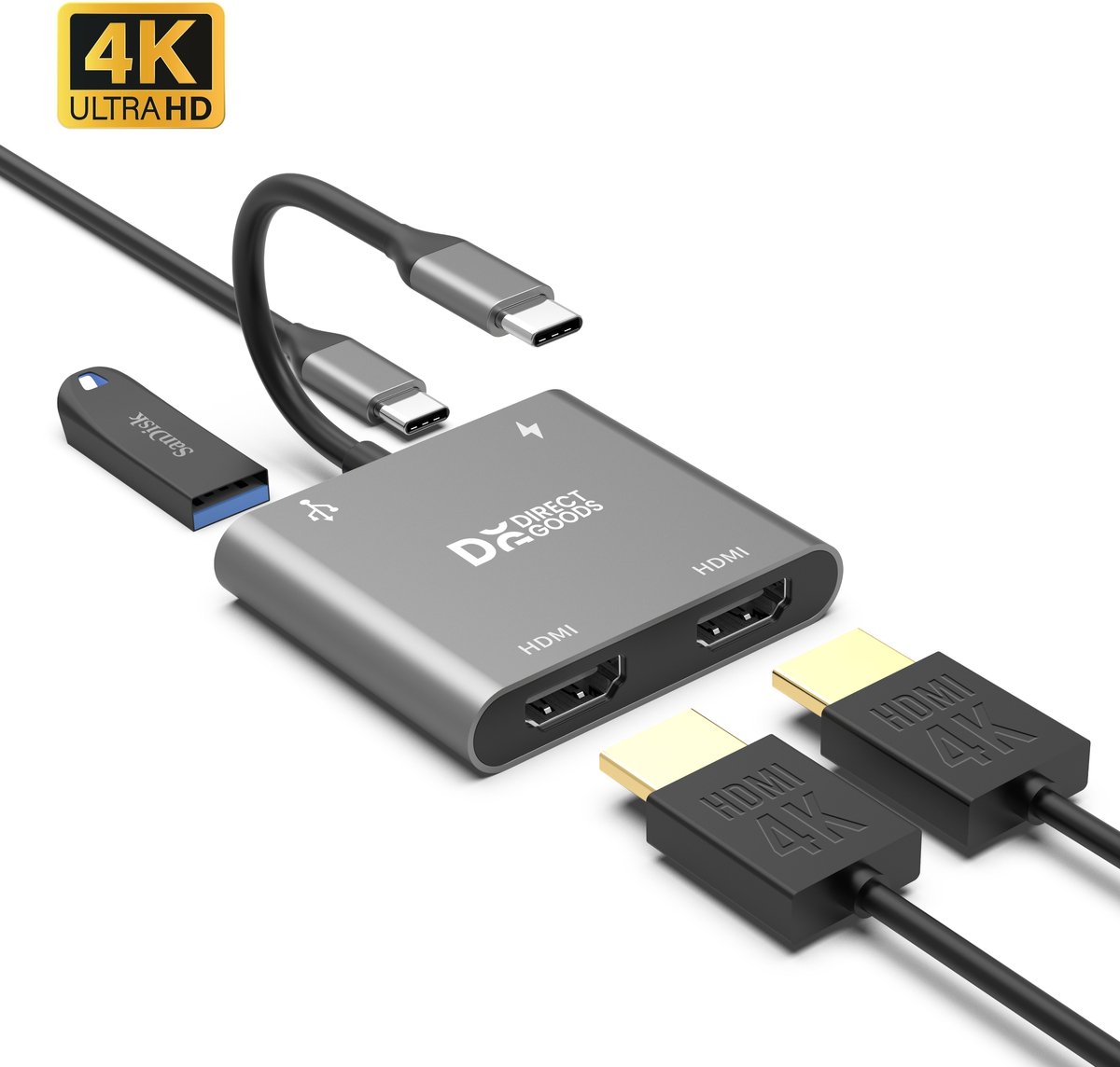DirectGoods 4 in 1 USB C Hub® - Docking Station Laptop – Docking Station - USB C Naar HDMI (2x) – USB C 3.0 – 2x HDMI 4K@60hz - Universeel - Spacegrey