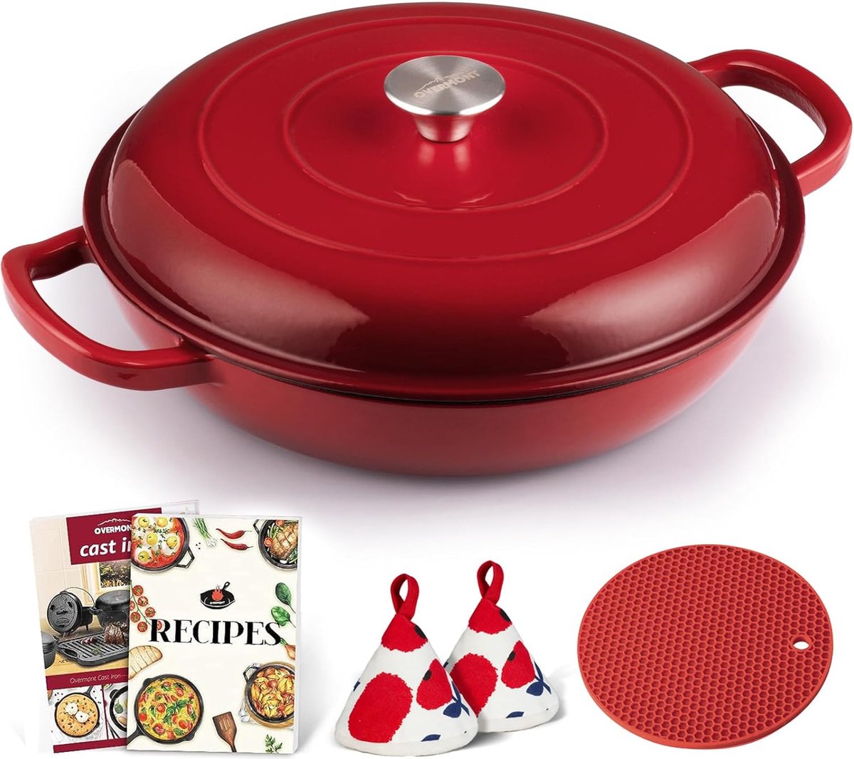 Cast Iron Casserole Pot 30 cm Enamel Roasting Dish with Lid Oven Safe with Cookbook for Kitchen Baking Braising Roasting Red