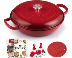 Cast Iron Casserole Pot 30 cm Enamel Roasting Dish with Lid Oven Safe with Cookbook for Kitchen Baking Braising Roasting Red