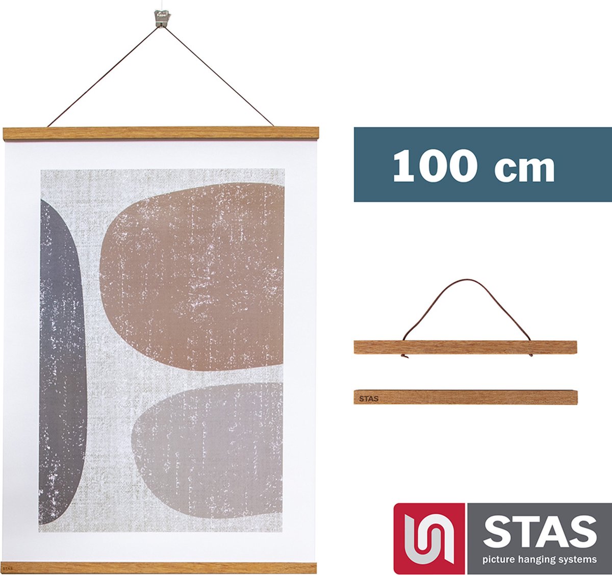 STAS picture hanging systems STAS Posterhanger 100 cm - Hout - Teak - Magnetisch poster ophangsysteem - Posterlijst - Posterklem - Posterhouder