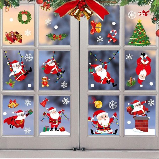 9 Vellen Kerststickers Voor Ramen, Herbruikbare, Dubbelzijdige PVC-Stickers Met Kerstman, Boom en Sneeuwpop (Roze