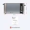 Grille-pain en inox, 42 cm de large et 19,5 cm de haut, avec panneau de commande.