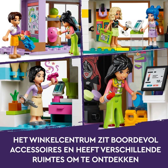 Vue détaillée du centre commercial LEGO Friends, avec des magasins et des mini-poupées.