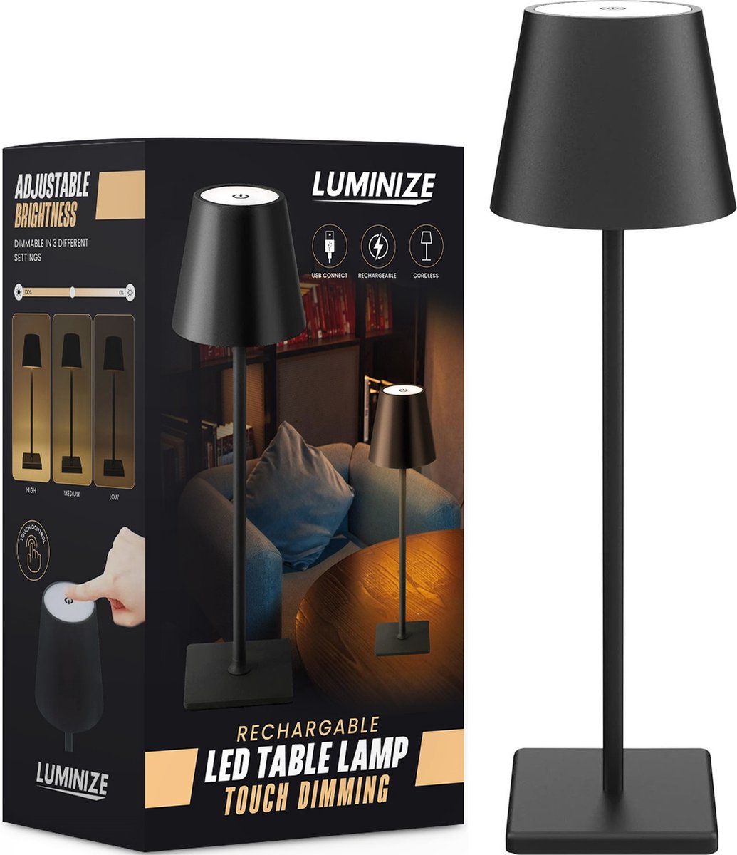 Luminize Oplaadbare Tafellamp op batterijen - Bureaulamp Draadloos - Dimbaar - 38cm - 5200mAh - LED - Zwart - Met batterij indicator