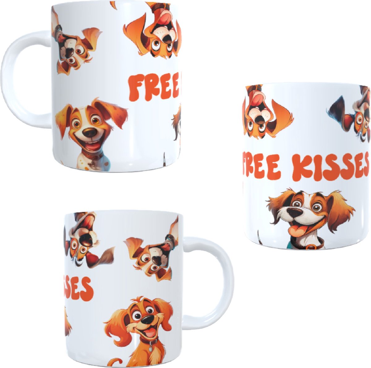 Bedrukte koffie beker - thee mok - tekst free kisses - dog - hond