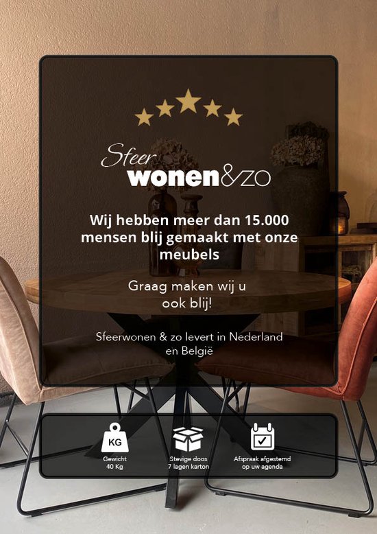 Publicité Sfeerwonen & ZO avec table, chaises et informations sur le produit.