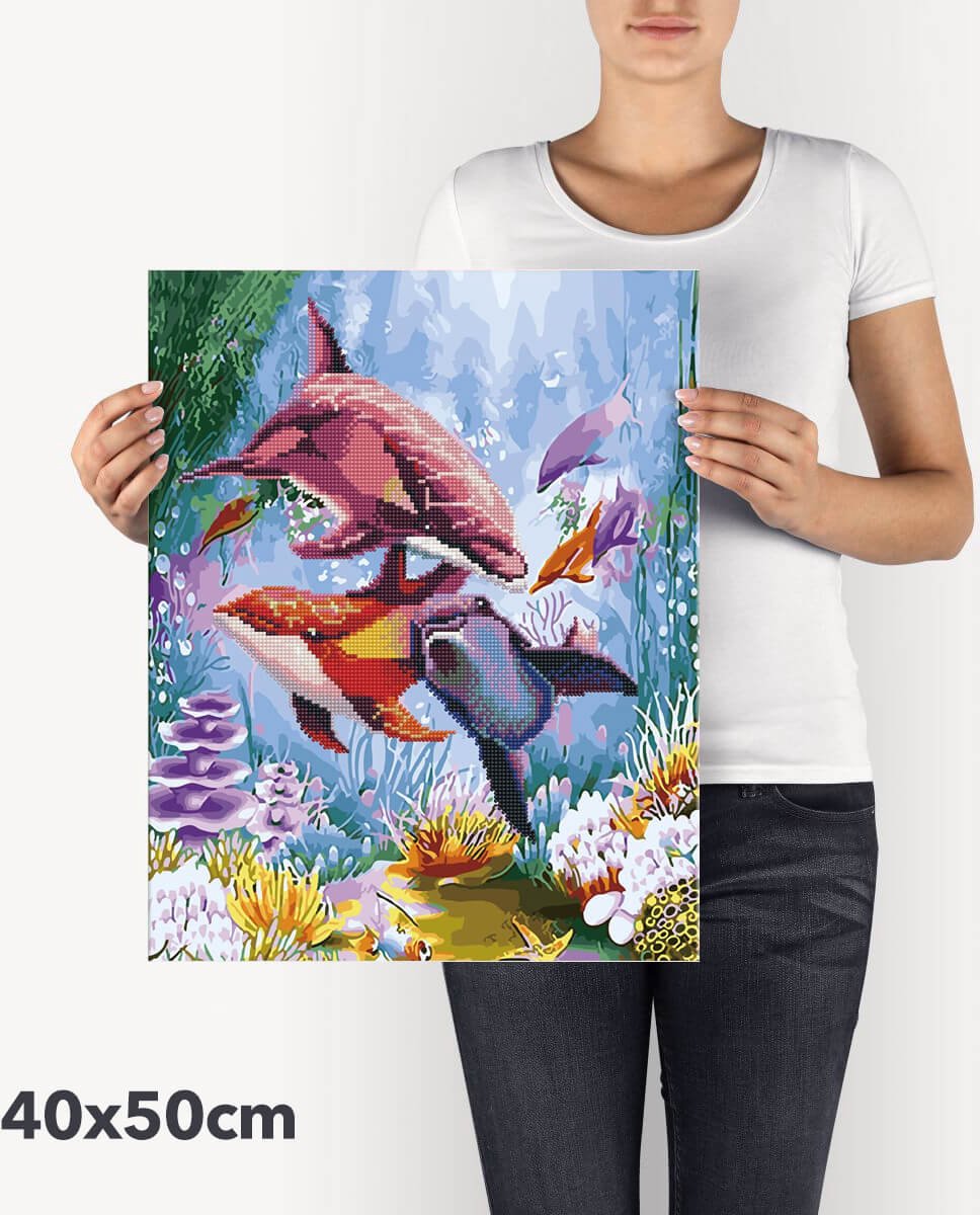 Schilderen Op Nummer Volwassenen DIY Hybrid Paint By Number Diamond Painting - Compleet Hobby Pakket op Frame met Vernis - ®Arty Bee - Dolfijnen Feest - 40x50cm — afbeelding 7