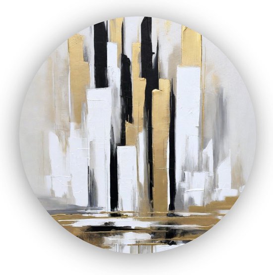 Abstracte skyline met goud 90x90 cm - Forex wandcirkel - Abstractie - Ronde schilderijen - Skyline schilderij - Luxe - Slaapkamer decoratie - Kunst - Abstracte skyline - Goud schilderij