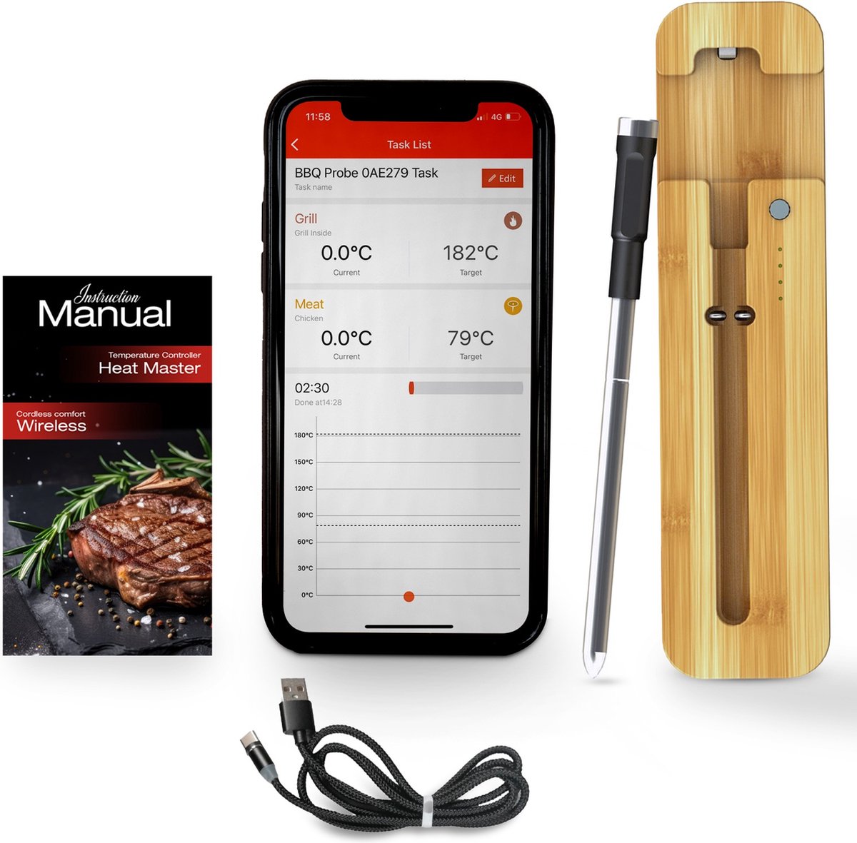 Vleesthermometer Draadloze BBQ Thermometer met App Oventhermometer Kernthermometer 1 Sonde met Bluetooth 60 meter draadloos Bamboe Magnetisch