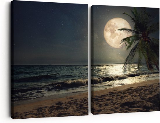 Artaza Canvas Schilderij Tweeluik Tropisch Strand In De Nacht Met Volle Maan - 180x120 - Groot - Foto Op Canvas - Canvas Print