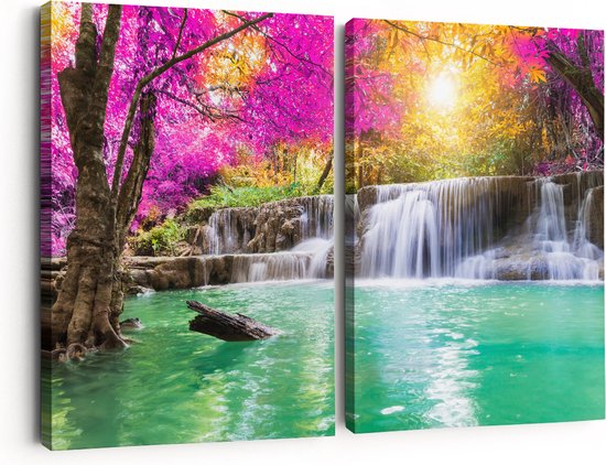 Artaza Canvas Schilderij Waterval Met Groen Water En Roze Bladeren - Foto Op Canvas - Canvas Print