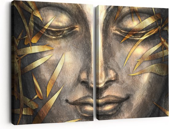 Artaza Canvas Schilderij Tweeluik Boeddha Beeld Met Gouden Bladeren - 60x40 - Klein - Foto Op Canvas - Canvas Print