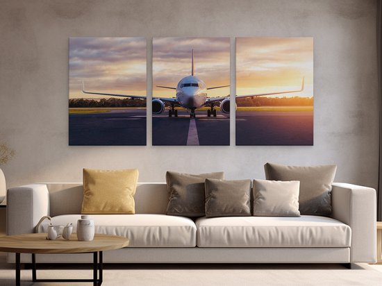 Artaza Peinture sur toile Triptyque Avion sur la piste - 180x80 - Groot - Photo sur toile - Impression sur toile