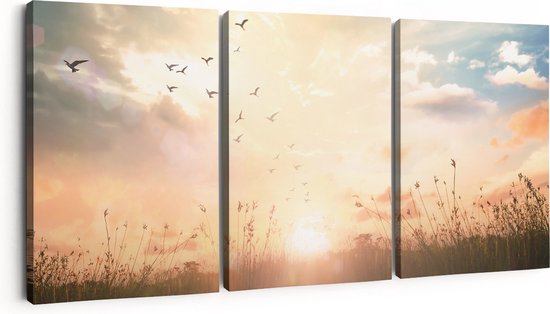 Artaza Canvas Schilderij Drieluik Silhouet Vogels Tijdens Zonsopkomst - 180x80 - Groot - Foto Op Canvas - Canvas Print