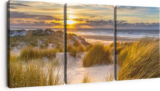 Artaza Canvas Schilderij Drieluik Strand En Duinen Tijdens Zonsondergang - 180x80 - Groot - Foto Op Canvas - Canvas Print