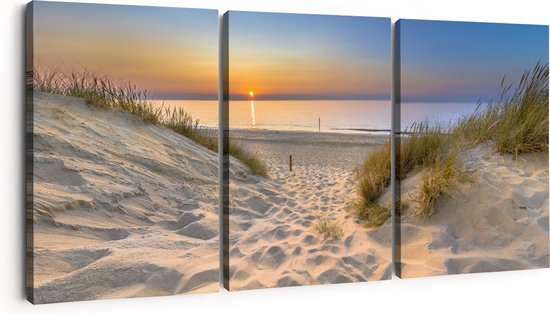 Artaza Canvas Schilderij Drieluik Strand en Zee met Zonsondergang - 180x80 - Groot - Foto Op Canvas - Canvas Print