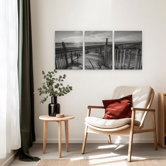 Artaza Peinture sur Toile Triptyque Plage et Mer depuis les Dunes avec Coucher de Soleil - Wit Zwart - 90x40 - Photo sur Toile - Impression sur Toile