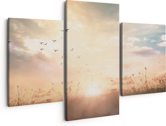 Artaza Canvas Schilderij Drieluik Silhouet Vogels Tijdens Zonsopkomst - 150x120 - Groot - Foto Op Canvas - Canvas Print