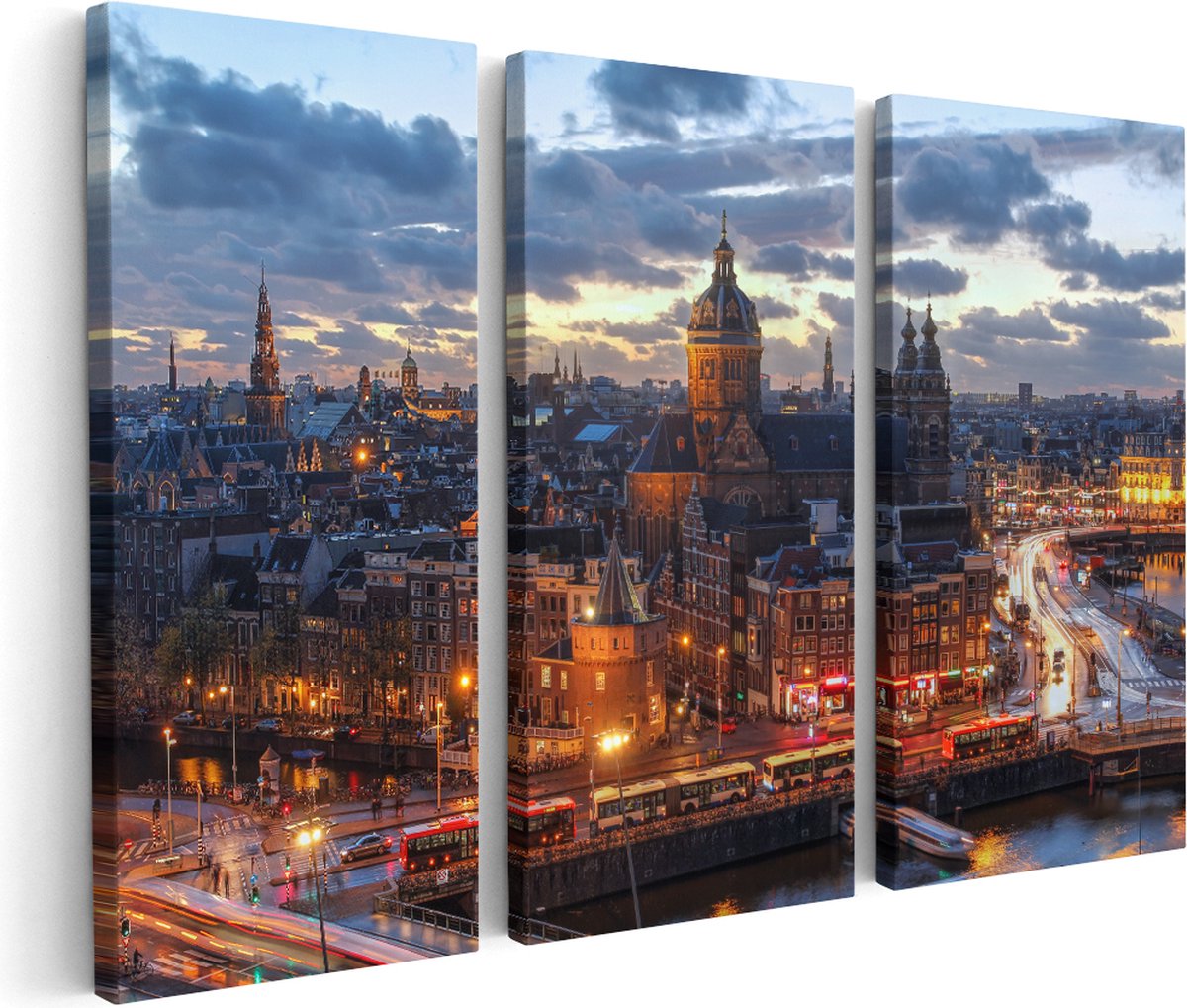 Artaza Canvas Schilderij Drieluik Amsterdam Centrum Luchtfoto Zonsondergang - 60x40 - Klein - Foto Op Canvas - Canvas Print