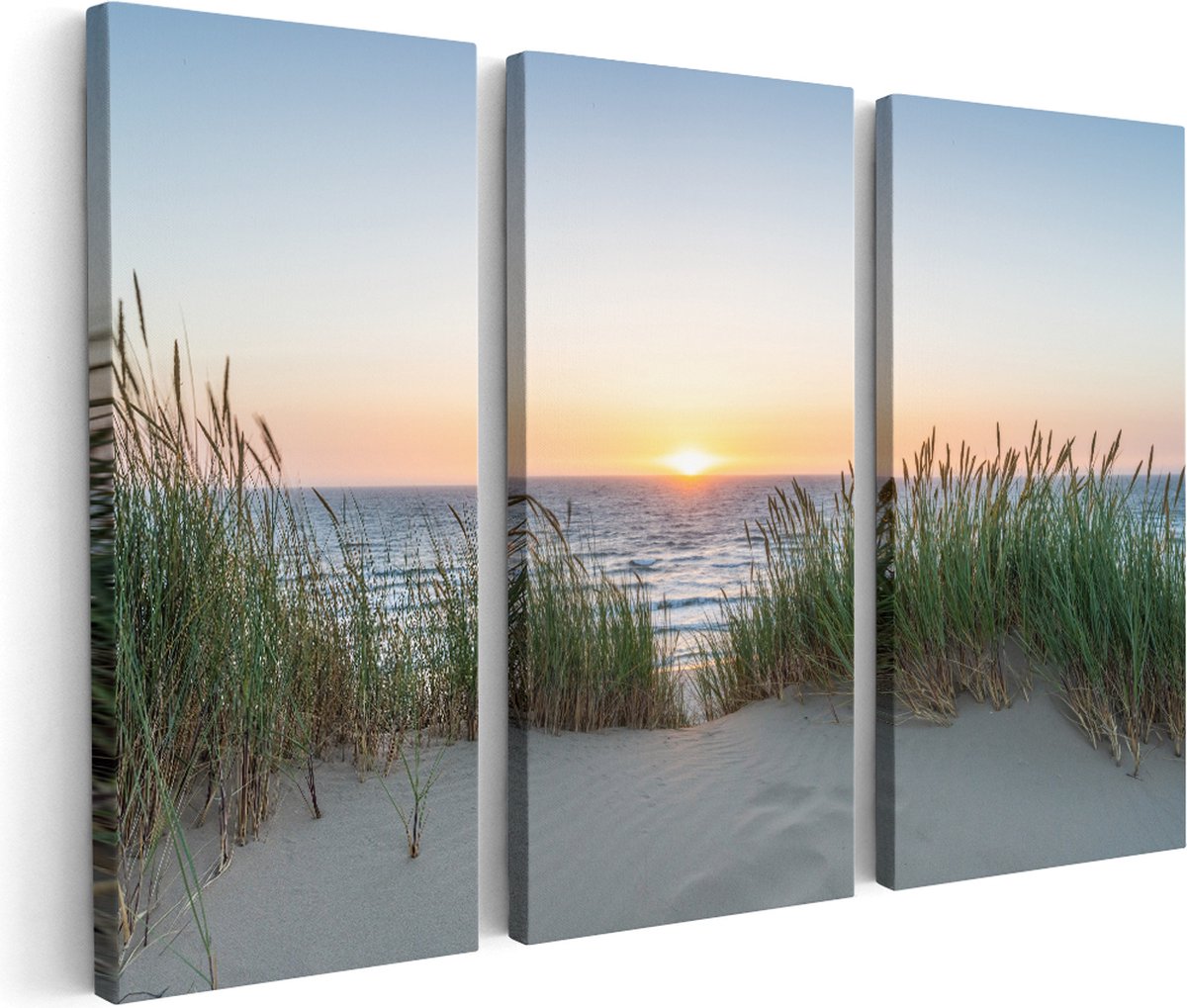 Artaza Canvas Schilderij Drieluik Zee vanuit Duinen met Zonsondergang - 90x60 - Foto Op Canvas - Canvas Print