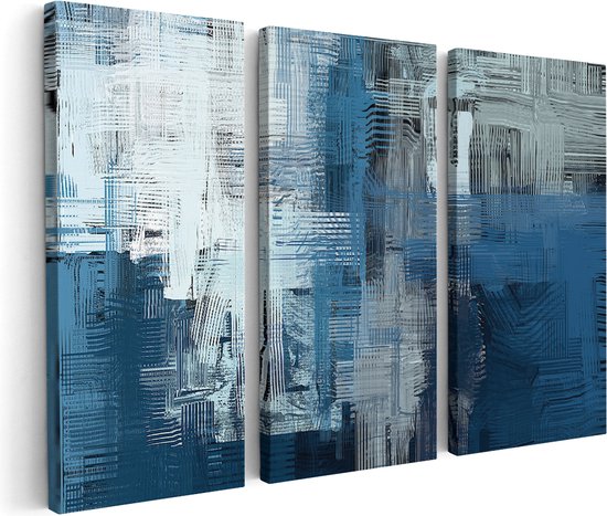 Artaza Canvas Schilderij Drieluik Abstracte Kunst - Blauw Witte Penseelstreken - 90x60 - Foto Op Canvas - Canvas Print