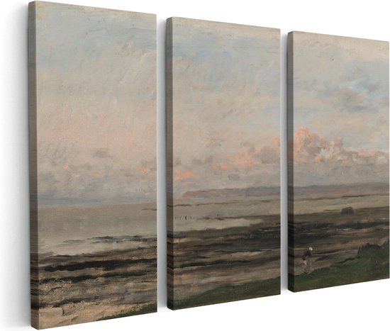 Artaza Canvas Schilderij Drieluik Strand bij Eb - Charles-Francois Daubigny - 150x100 - Groot - Foto Op Canvas - Canvas Print