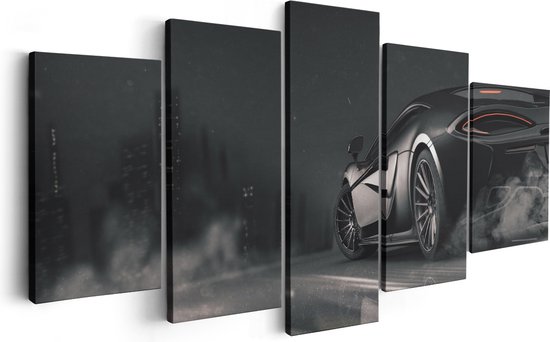 Artaza Canvas Schilderij Vijfluik Zwarte Sportwagen Auto Nabij Een Stad - 200x100 cm - Groot - Wanddecoratie Woonkamer - Schilderijen - Muurdecoratie