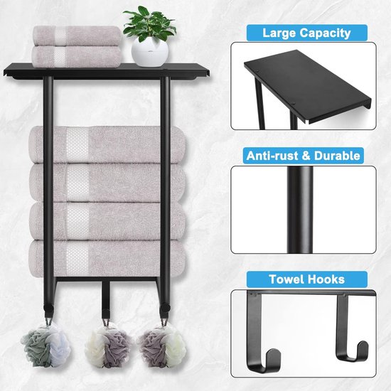 - Porte-serviettes sans perçage, noir, barre porte-serviettes, mural salle de bain, porte-serviettes invités, fixation murale, porte-serviettes, porte-serviettes de bain avec étagère et 3 crochets pour salle de bain, toilettes invités