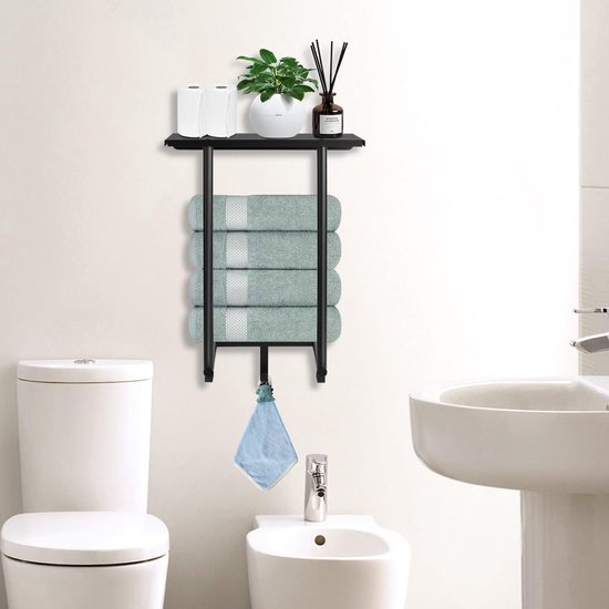 - Porte-serviettes sans perçage, noir, barre porte-serviettes, mural salle de bain, porte-serviettes invités, fixation murale, porte-serviettes, porte-serviettes de bain avec étagère et 3 crochets pour salle de bain, toilettes invités