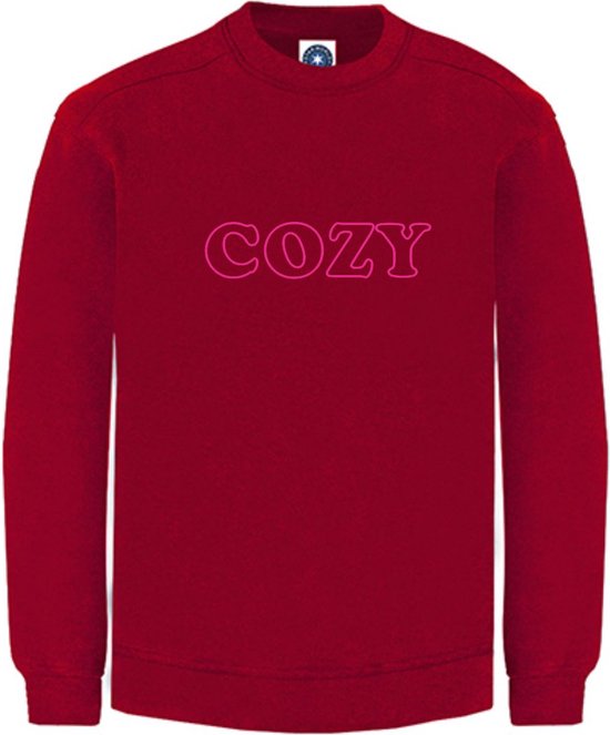 Huissweater - Huistrui - Sweater - Rood - NEON ROZE tekst COZY - ruimzittend - Large