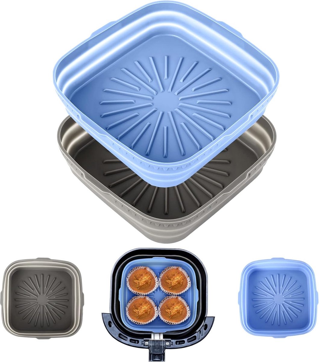2 stuks Air Fryer siliconen pot, opvouwbare siliconen vorm, heteluchtfriteuse, anti-aanbaklaag, siliconen bakplaat, airfryer, siliconen vorm voor oven, cakevorm, magnetron