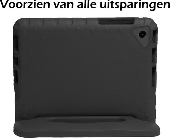 Zwarte, schokbestendige kinderhoes voor tablets met een ingebouwde standaard en uitsparingen.