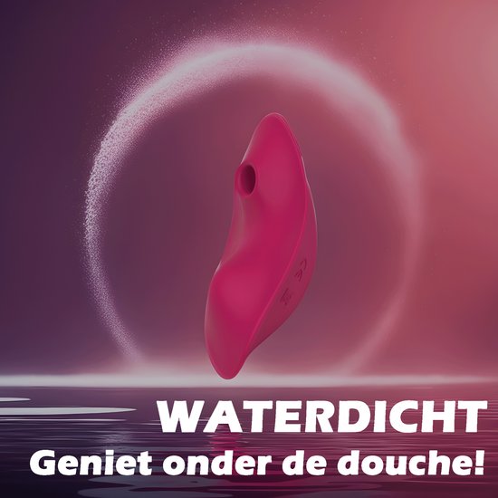 Roze clitoris stimulator in een spettereffect. Tekst: Waterdicht. Geniet onder de douche!