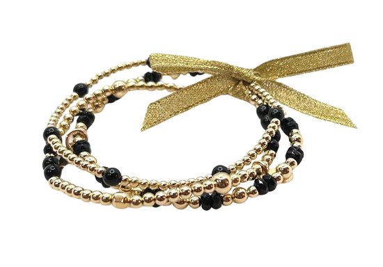 CLAUDIA JEWELLERY | Christmas Gift Set, bestaande uit drie handgemaakte, tijdloze armbanden 14kt Verhuld Goud met Black Agate stenen | Verkleurt niet | Elastisch, geen slotje | Ideaal om te combineren