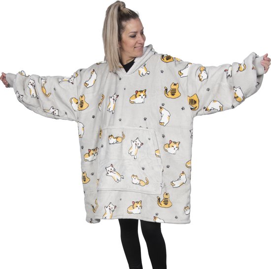 Couverture à capuche Q- Living - Extra longue et épaisse - Plaid avec manches - Sweat à capuche Snuggle - Couverture polaire avec manches - 1450 grammes - Chat