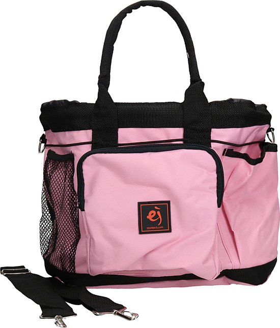 Roze tas met zwarte accenten en een Epplejeck logo. Met handvatten en schouderband.