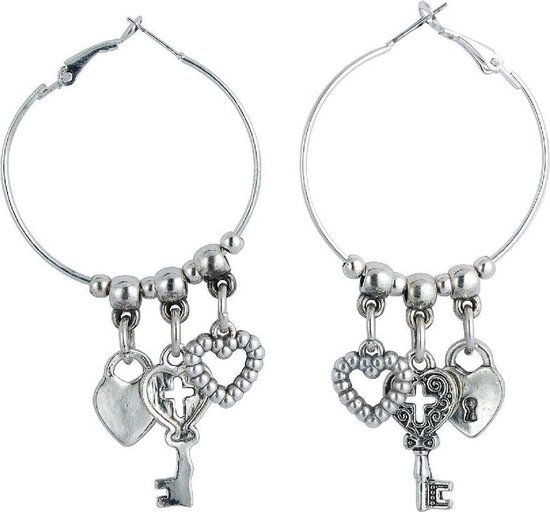 Behave Oorbellen - oorringen - dames - zilver kleur - met hangers - in hartjesvorm - 7.5 cm