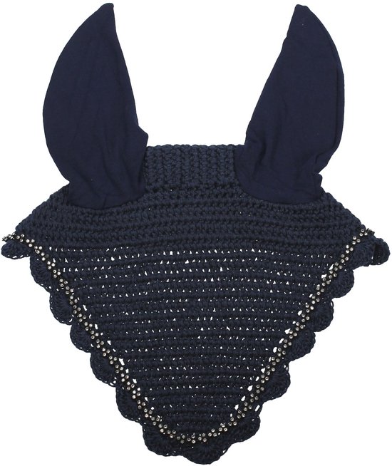 Navy blauw gehaakt oornetje met glitters en witte rand.