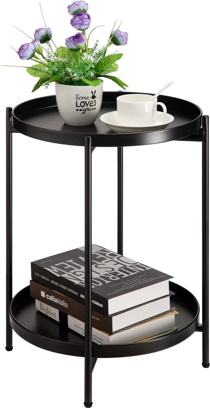 Round Side Table, 2 Levels Side Table, Metal Tray, Snack Table, Coffee Table, Tea Table, Bedside Table, Sofa Table for Living Room, Bedroom, Balcony, Patio, Black