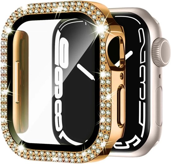 Gouden Apple Watch hoes met strass versiering, naast een Apple Watch.