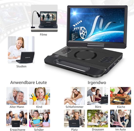 Lecteur DVD Blu-ray portable Fangor - Écran rotatif à 270 degrés - 1920 x  1080 Full HD