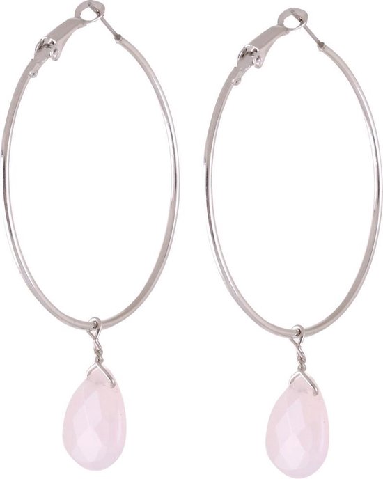 Behave Oorbellen - oorringen - zilver kleur - roze - hanger - natuursteen - 7 cm