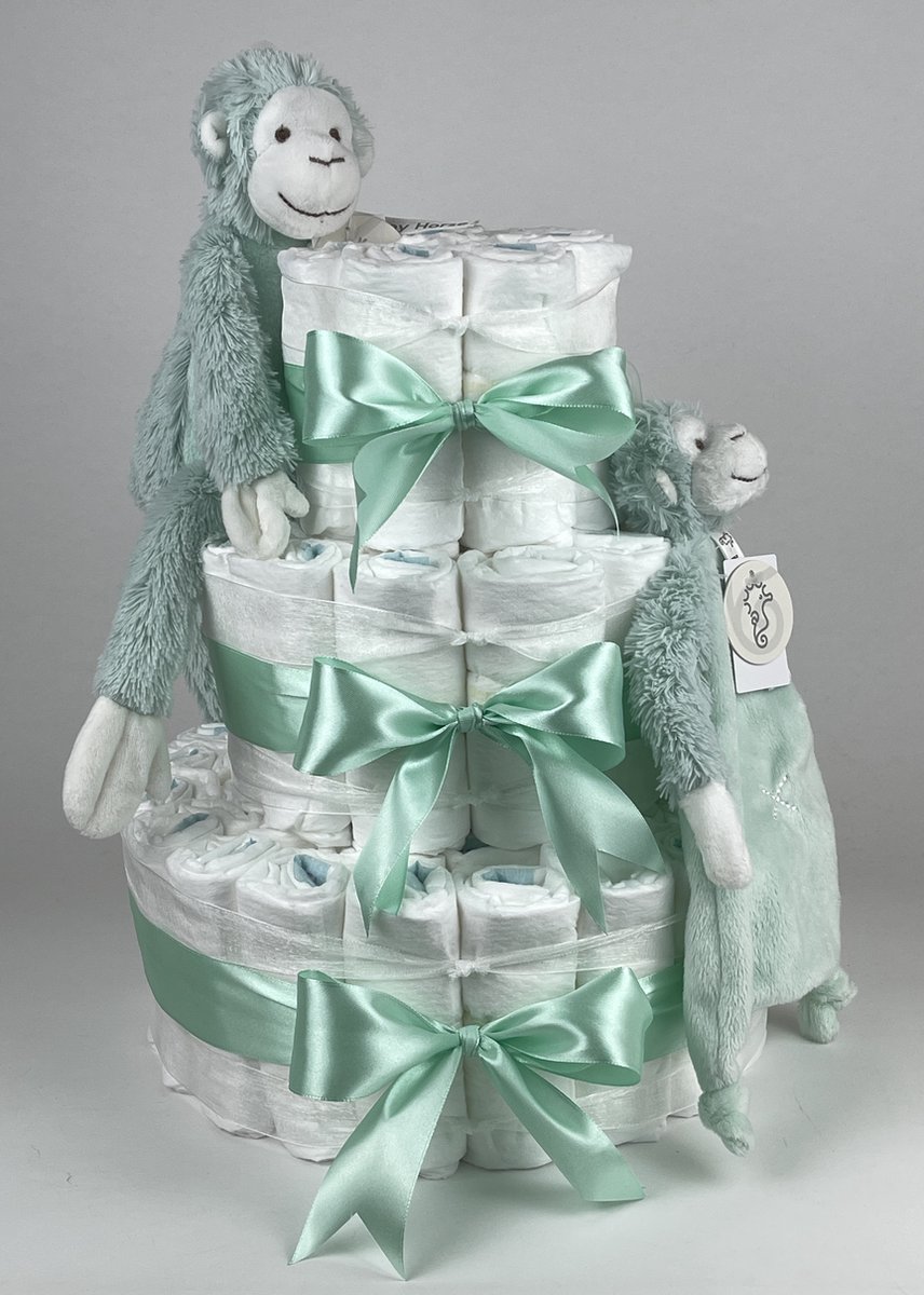 Chouette-Chouette | Luiertaart Neutraal | Kraamcadeau | Geboorte Jongen Meisje | Babyshower | Aap Mickey Lagoon - Groen