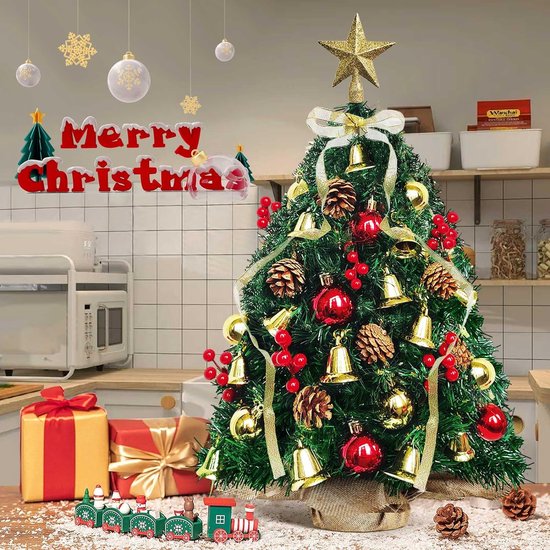 Mini-kunstkerstboom klein, 60 cm Kleine kerstboom met 50 stuks kerstversiering, tafelkerstboom, geschikt voor Kerstmis en Nieuwjaar, thuiskantoordecoratie