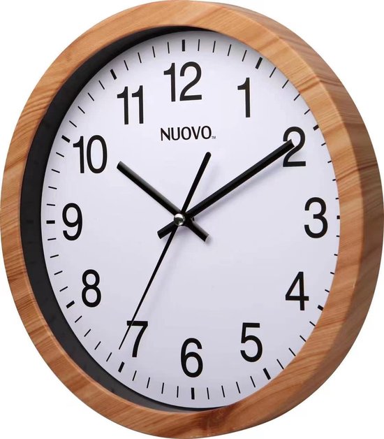 NUOVO 14 inch houtnerf ronde wandklok stille niet-tikkende wandklok vintage wandklok voor woonkamer slaapkamer keuken (35 cm / 14 inch