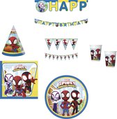 Spidey & Friends - Spiderman - Feestpakket - Kinderfeest - Voordeelpakket - Bekers - Bordjes - Servetten - Vlaggenlijn - Happy Birthday slinger - Feesthoedjes.